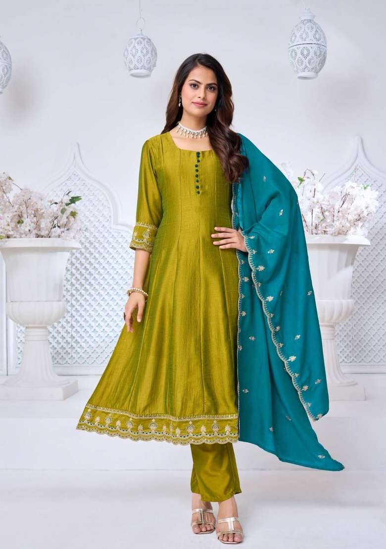 L Green Embroidered Silk Blend Anarkali Set - Indya