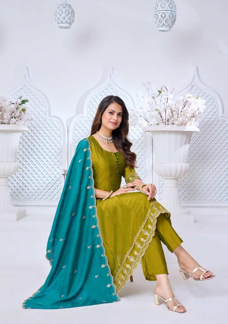 L Green Embroidered Silk Blend Anarkali Set - Indya