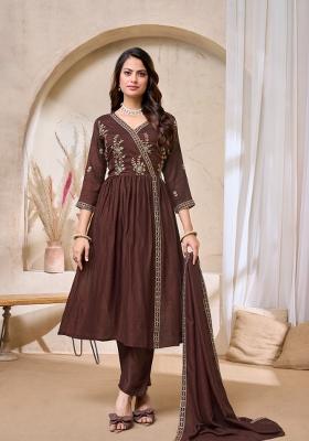 Coffee Embroidered Silk Blend Anarkali Set