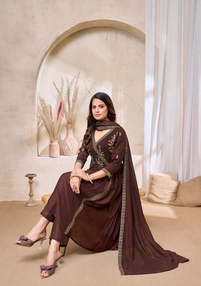 Coffee Embroidered Silk Blend Anarkali Set - Indya