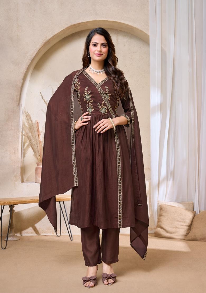 Coffee Embroidered Silk Blend Anarkali Set - Indya