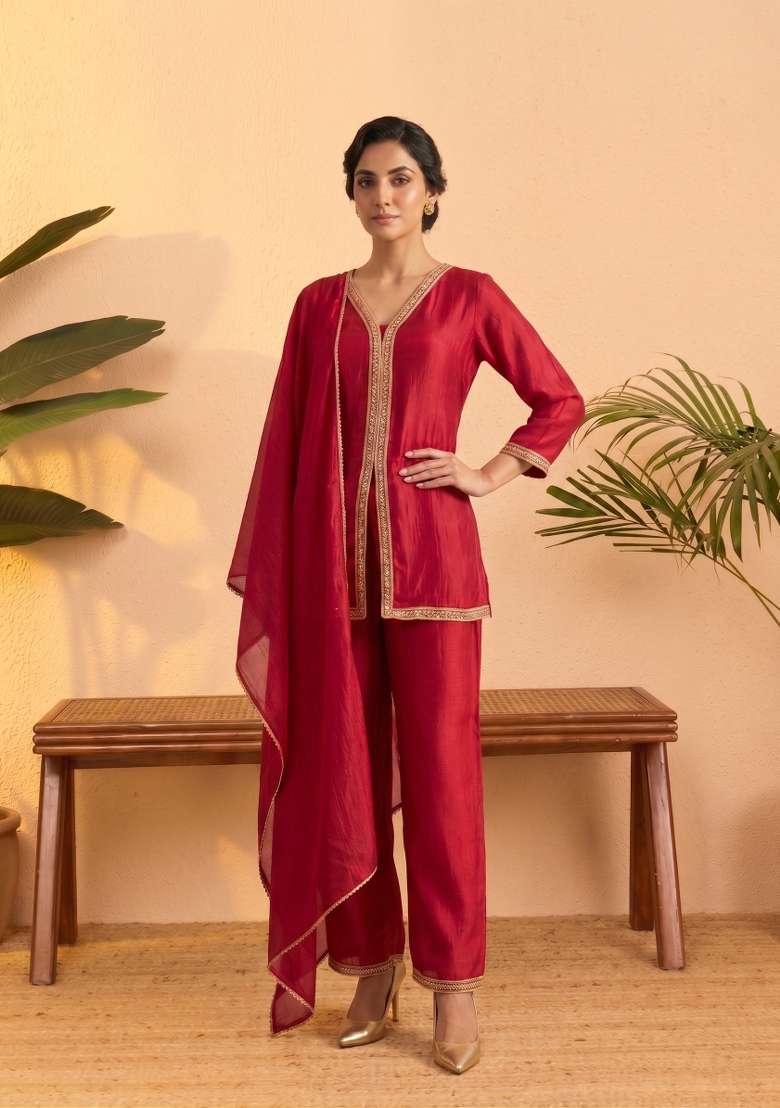 Pink Embroidered Silk Co-Ords Set - Indya