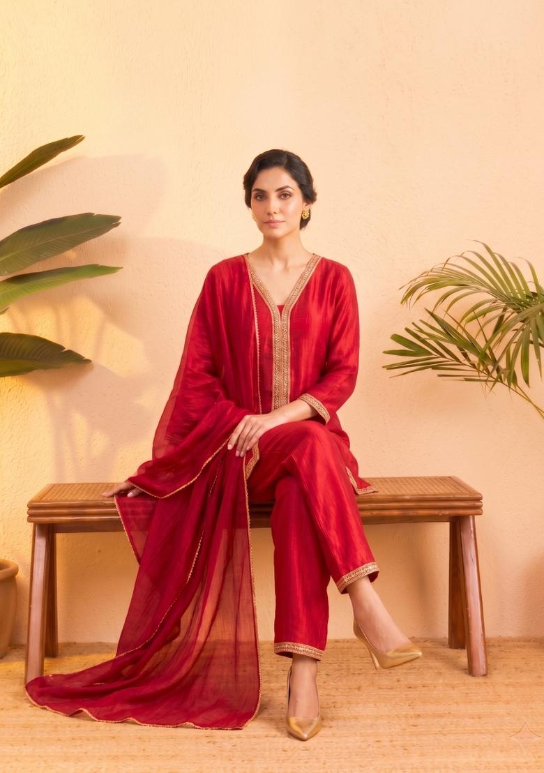 Pink Embroidered Silk Co-Ords Set - Indya