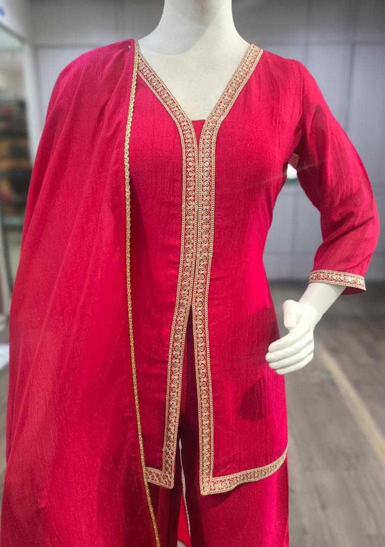Pink Embroidered Silk Co-Ords Set - Indya