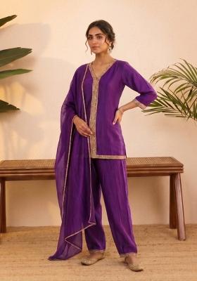 Purple Embroidered Silk Co-Ords Set