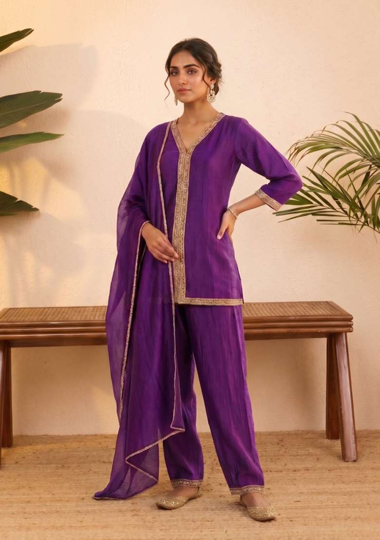 Purple Embroidered Silk Co-Ords Set - Indya