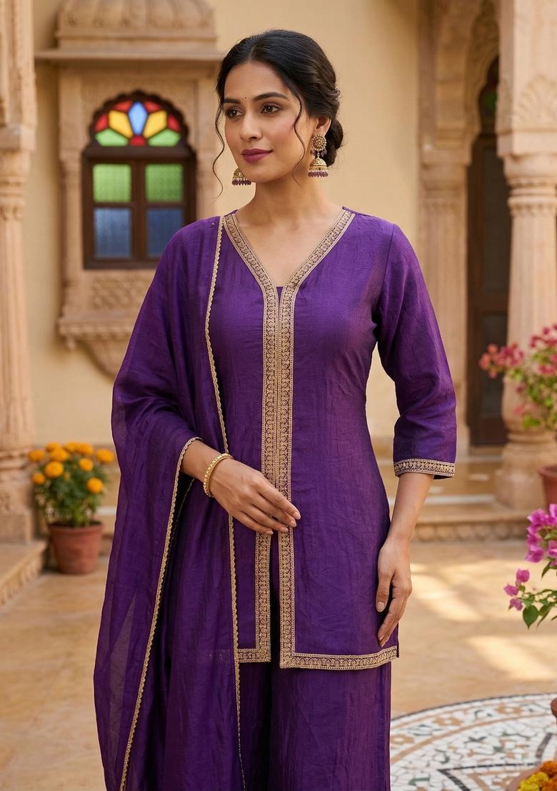 Purple Embroidered Silk Co-Ords Set - Indya