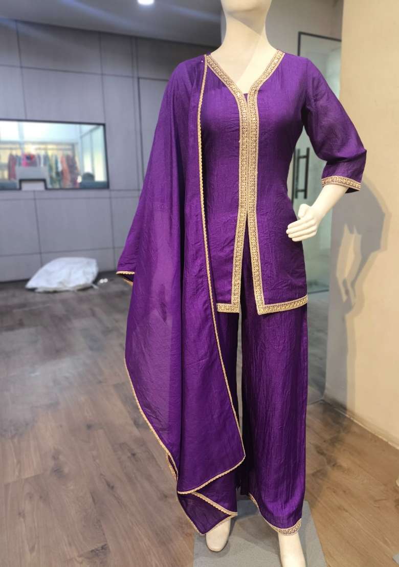 Purple Embroidered Silk Co-Ords Set - Indya