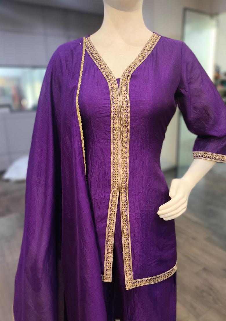 Purple Embroidered Silk Co-Ords Set - Indya