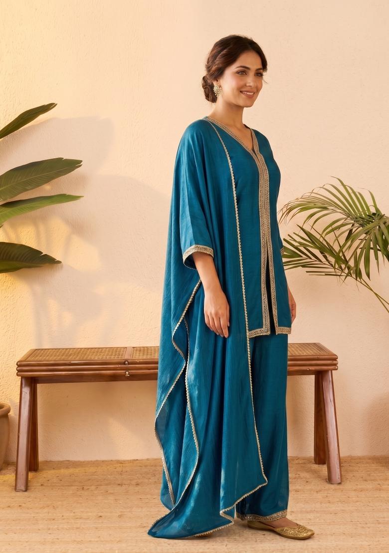 Teal Embroidered Silk Co-Ords Set - Indya