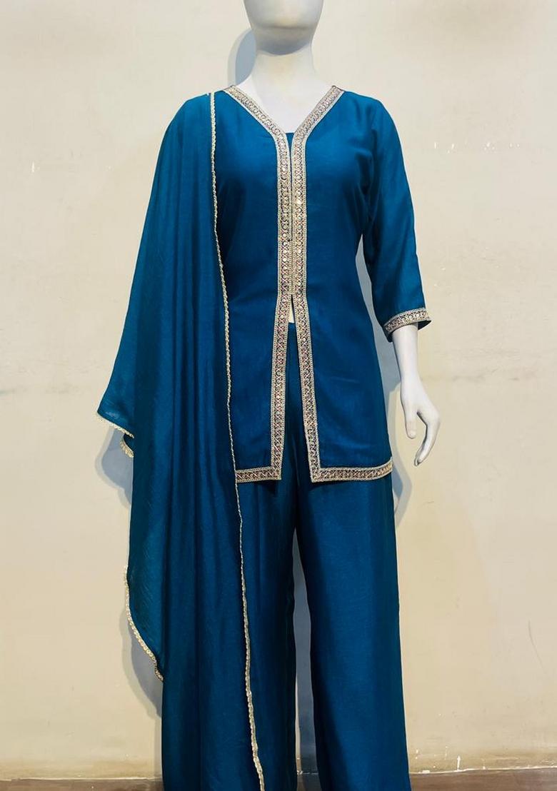 Teal Embroidered Silk Co-Ords Set - Indya