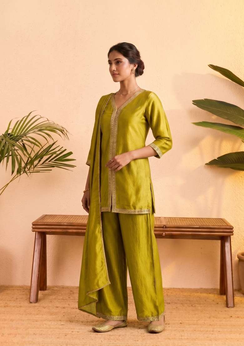 Yellow Embroidered Silk Co-Ords Set - Indya