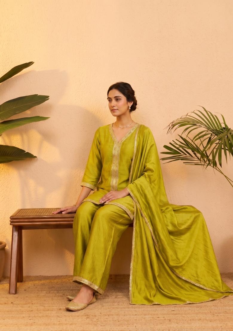 Yellow Embroidered Silk Co-Ords Set - Indya