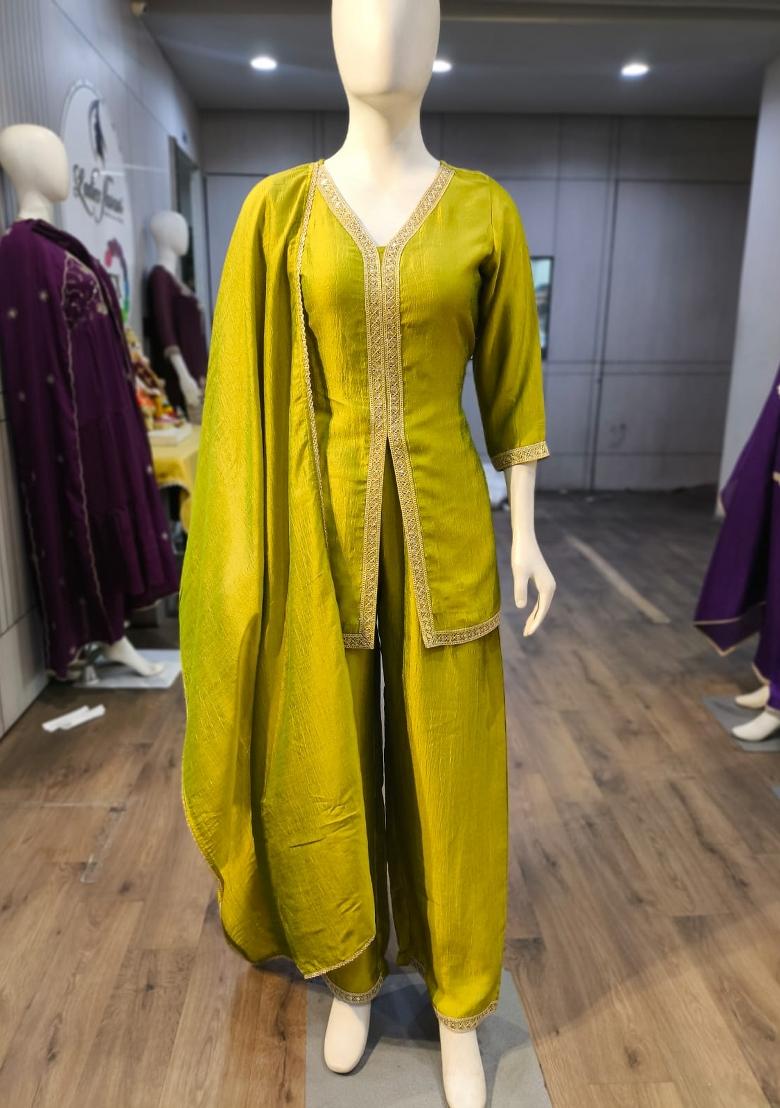 Yellow Embroidered Silk Co-Ords Set - Indya