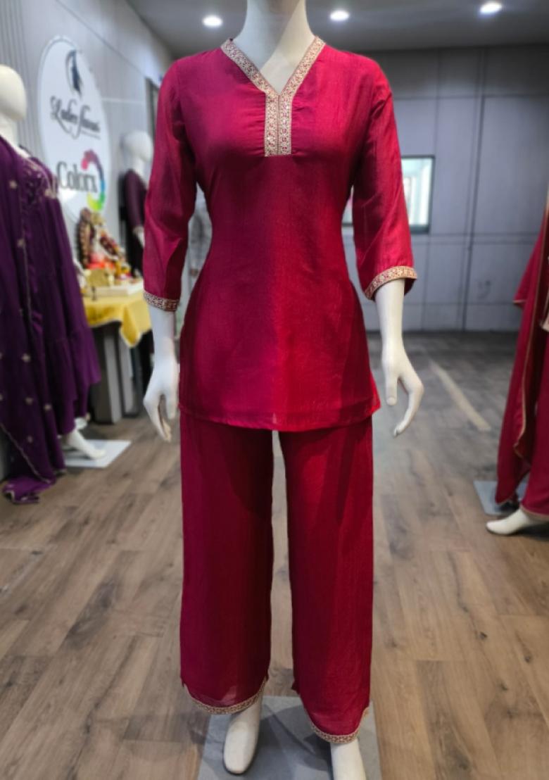 Pink Embroidered Silk Co-Ords Set - Indya