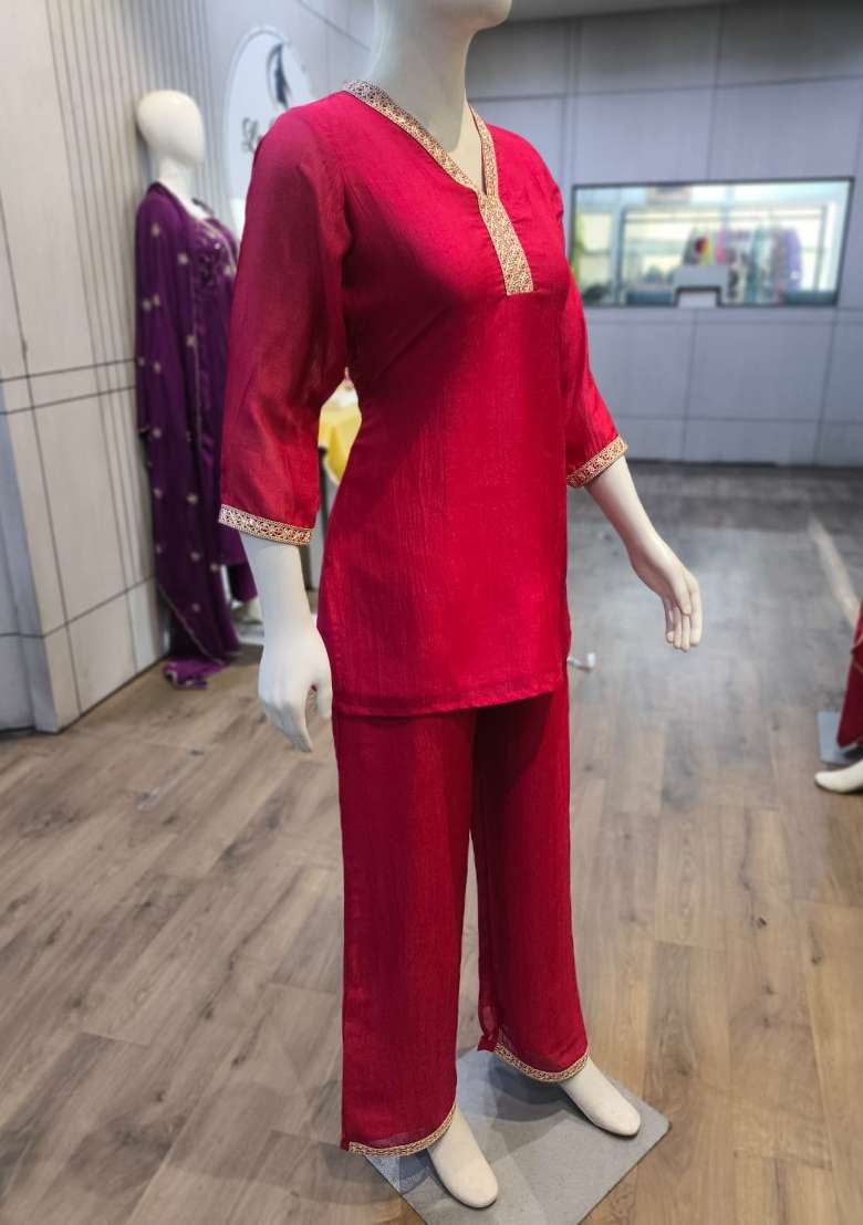 Pink Embroidered Silk Co-Ords Set - Indya