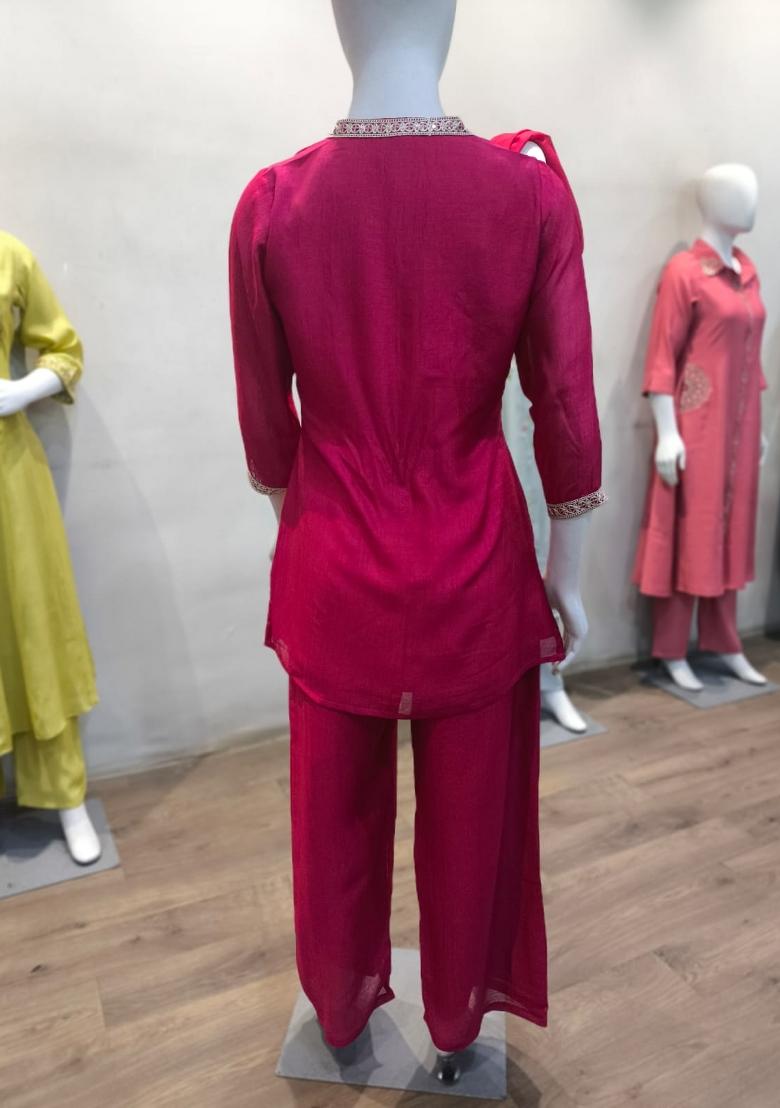 Pink Embroidered Silk Co-Ords Set - Indya