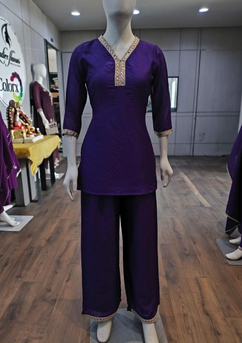 Purple Embroidered Silk Co-Ords Set - Indya