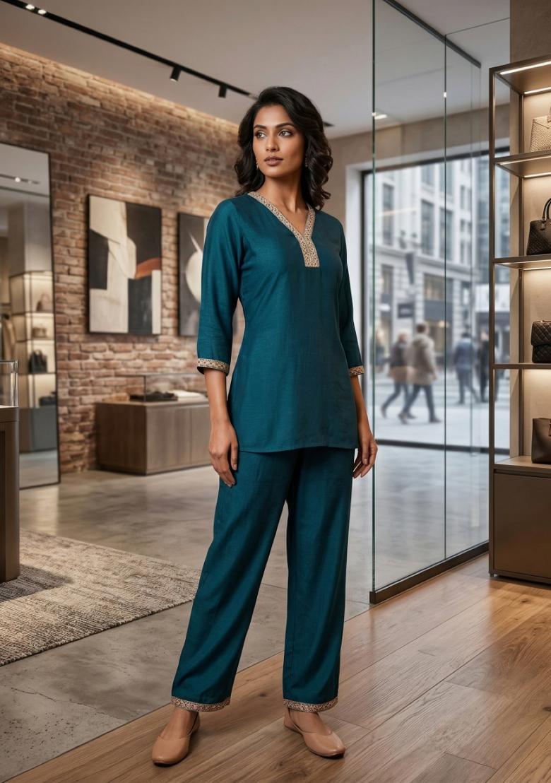 Teal Embroidered Silk Co-Ords Set - Indya