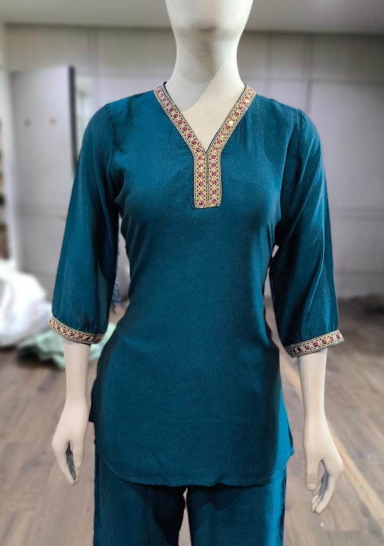 Teal Embroidered Silk Co-Ords Set - Indya