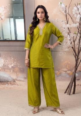 Yellow Embroidered Silk Co-Ords Set