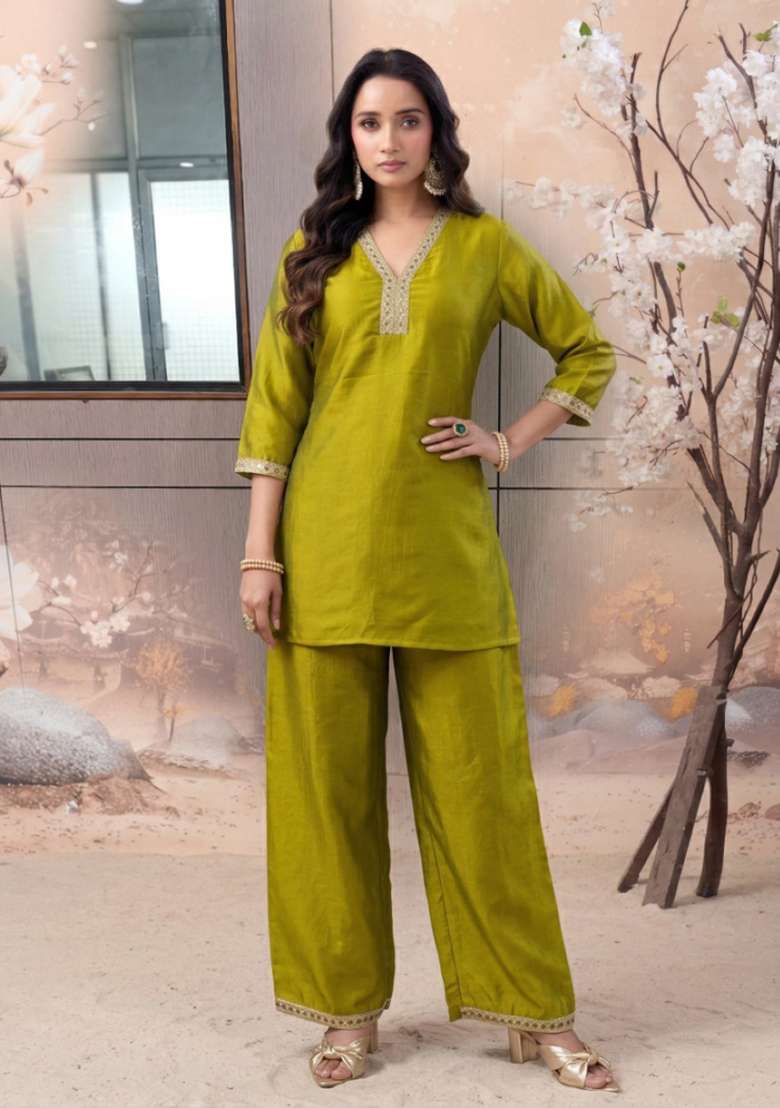 Yellow Embroidered Silk Co-Ords Set - Indya