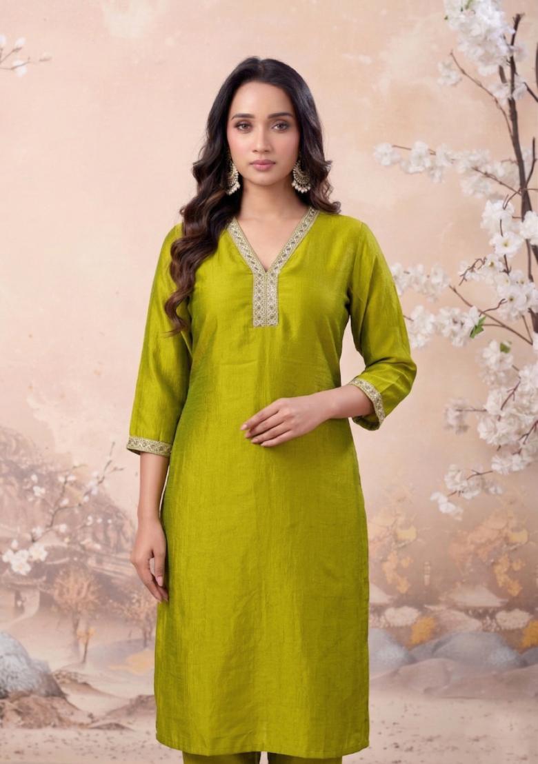 Yellow Embroidered Silk Co-Ords Set - Indya