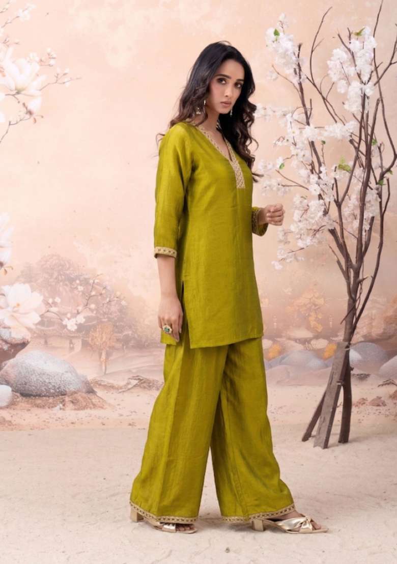 Yellow Embroidered Silk Co-Ords Set - Indya