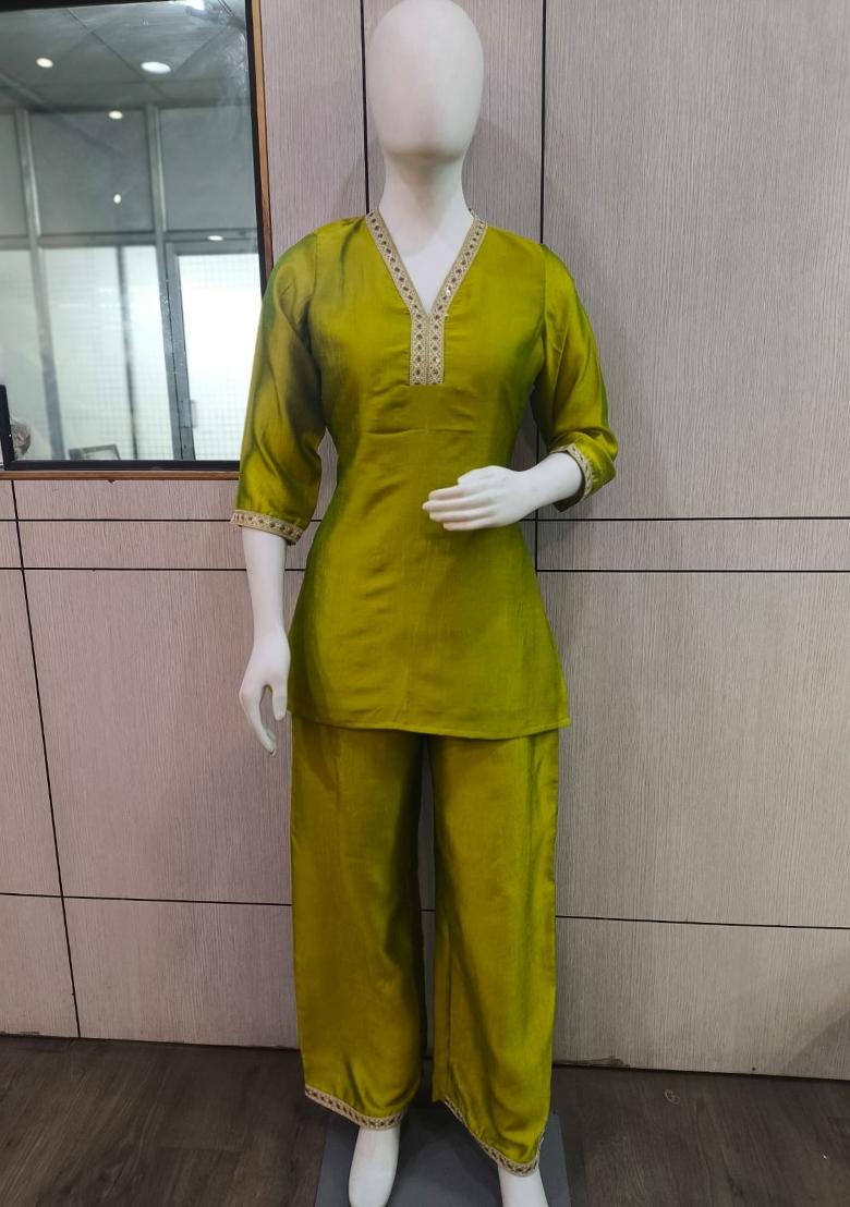 Yellow Embroidered Silk Co-Ords Set - Indya