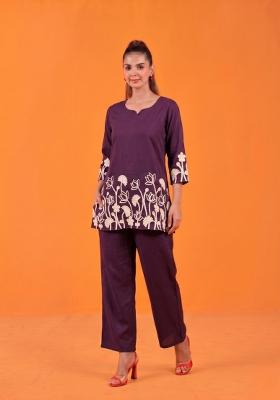 Wine Embroidered Cotton Co-Ords Set