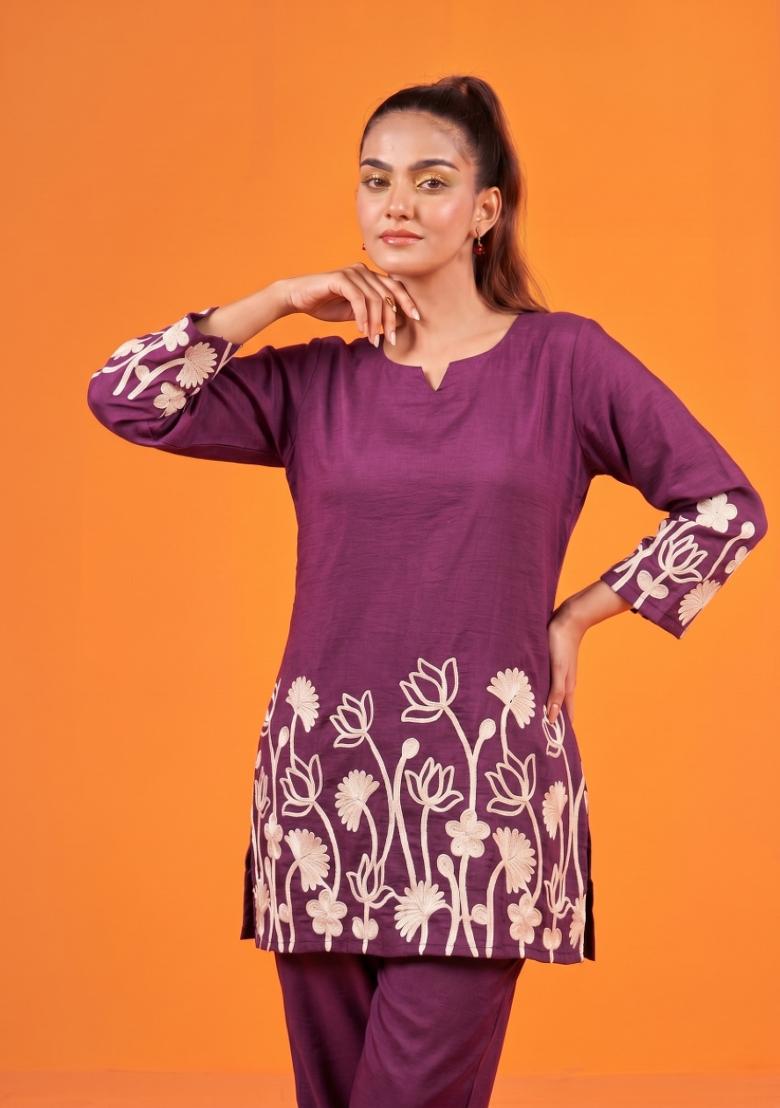 Wine Embroidered Cotton Co-Ords Set - Indya