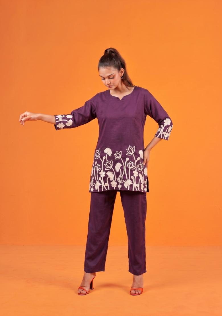 Wine Embroidered Cotton Co-Ords Set - Indya