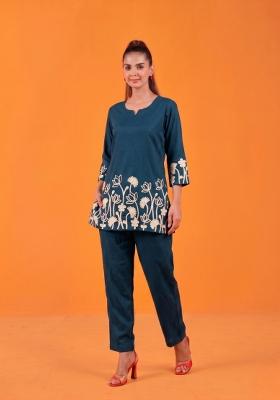 Teal Embroidered Cotton Co-Ords Set