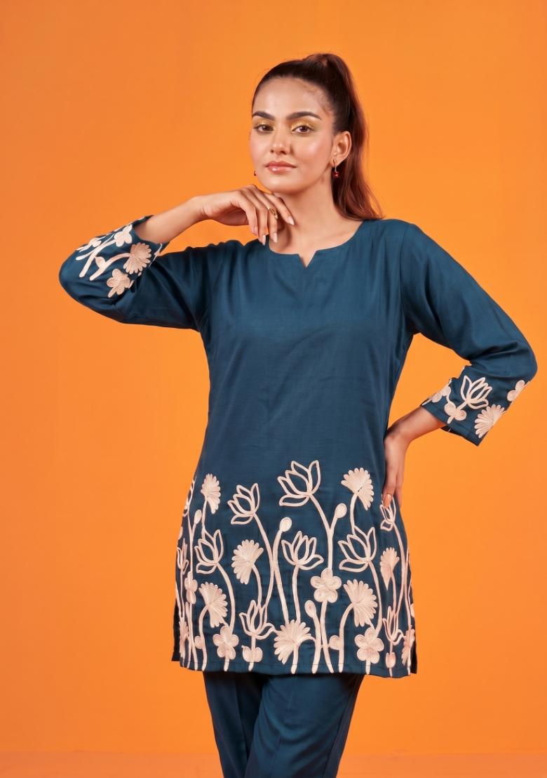 Teal Embroidered Cotton Co-Ords Set - Indya