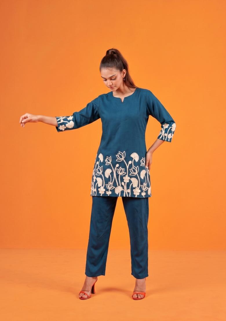 Teal Embroidered Cotton Co-Ords Set - Indya