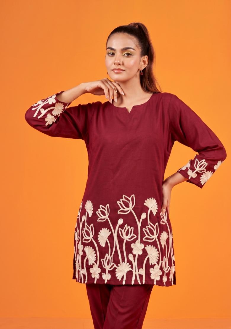 Maroon Embroidered Cotton Co-Ords Set - Indya