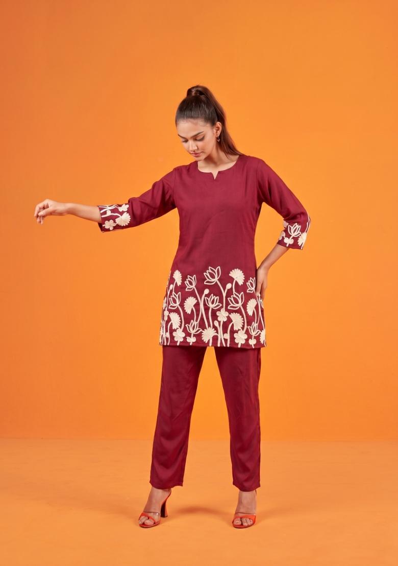 Maroon Embroidered Cotton Co-Ords Set - Indya