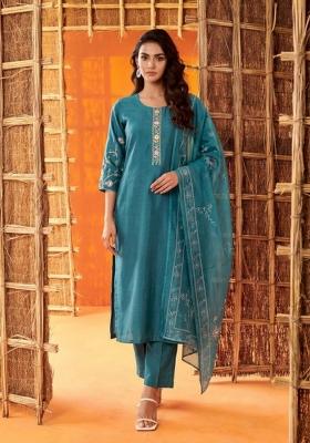 Teal Embroidered Cotton Salwar Kameez
