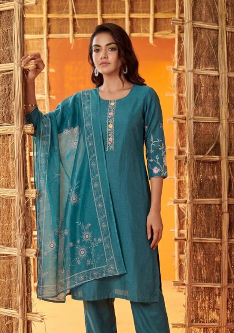 Teal Embroidered Cotton Salwar Kameez - Indya