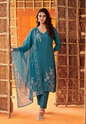 Teal Embroidered Cotton Salwar Kameez