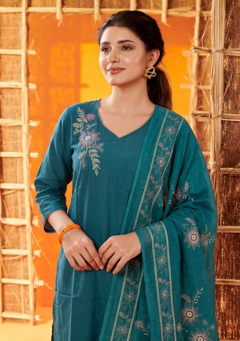 Teal Embroidered Cotton Salwar Kameez - Indya