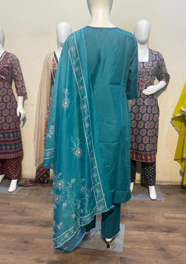 Teal Embroidered Cotton Salwar Kameez - Indya