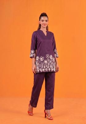 Wine Embroidered Cotton Co-Ords Set
