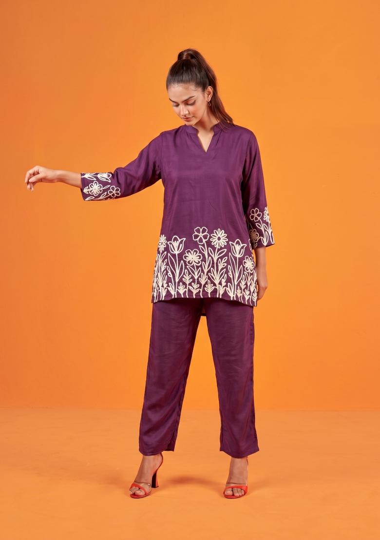 Wine Embroidered Cotton Co-Ords Set - Indya