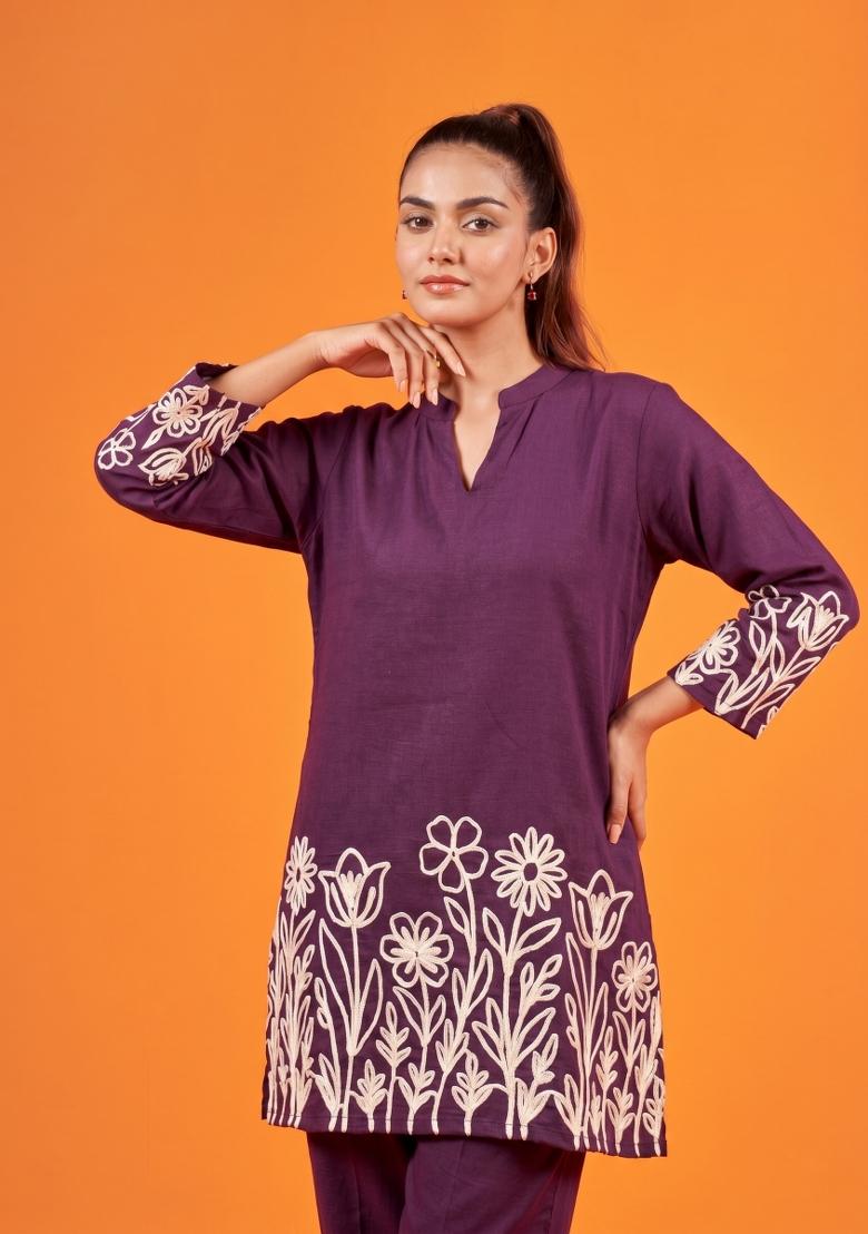 Wine Embroidered Cotton Co-Ords Set - Indya