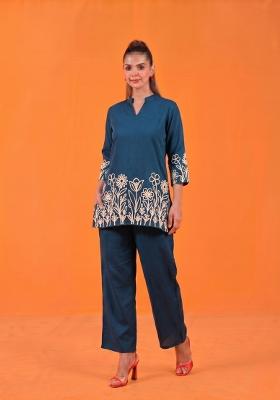 Teal Embroidered Cotton Co-Ords Set