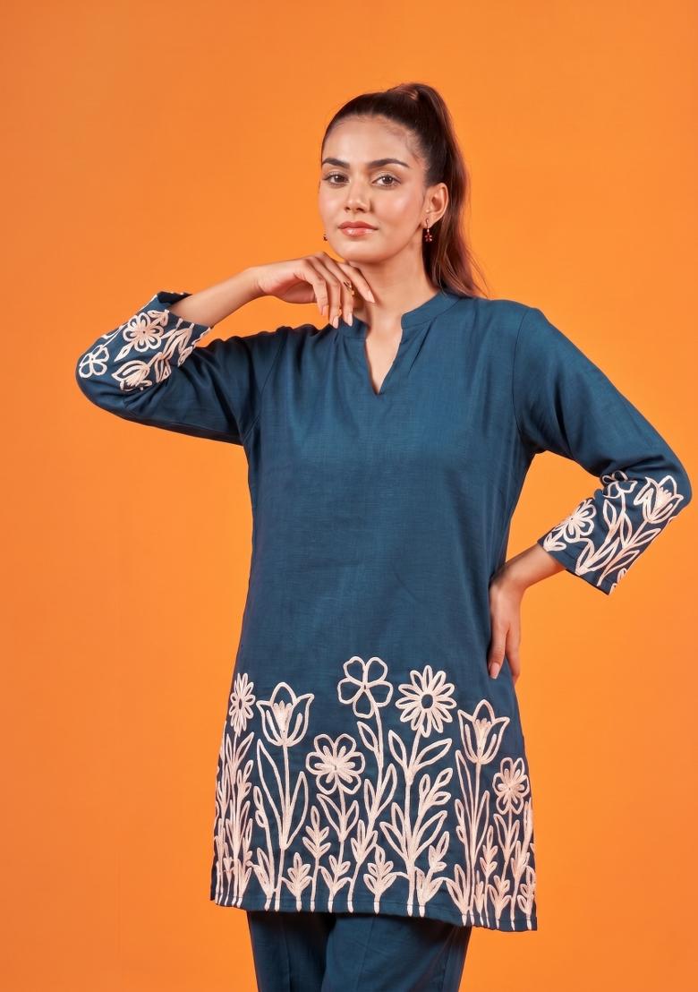 Teal Embroidered Cotton Co-Ords Set - Indya