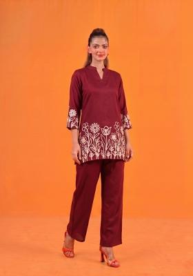 Maroon Embroidered Cotton Co-Ords Set