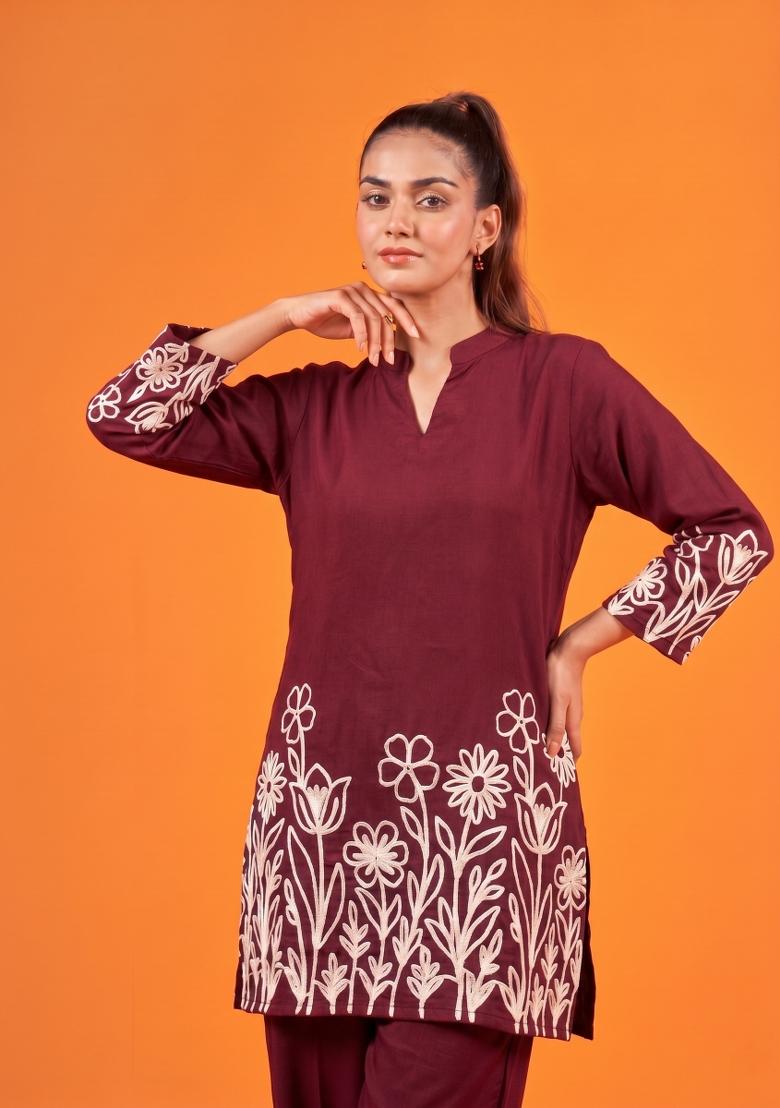 Maroon Embroidered Cotton Co-Ords Set - Indya