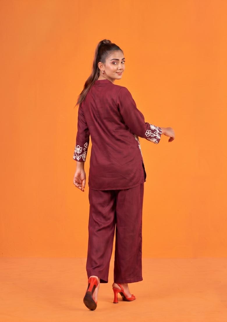 Maroon Embroidered Cotton Co-Ords Set - Indya
